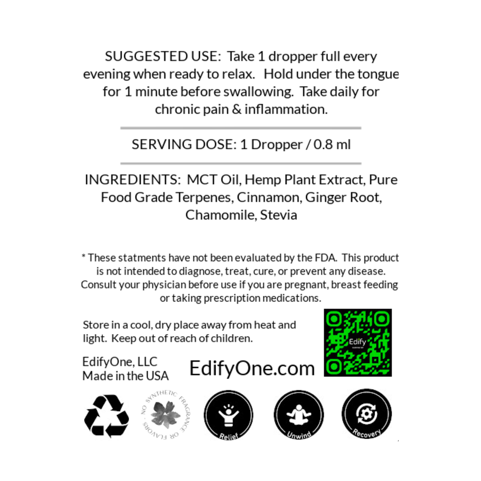 Edify Relieve CBD And CBG Tincture Supplement Facts Suggested Use Ingredients And Warnings