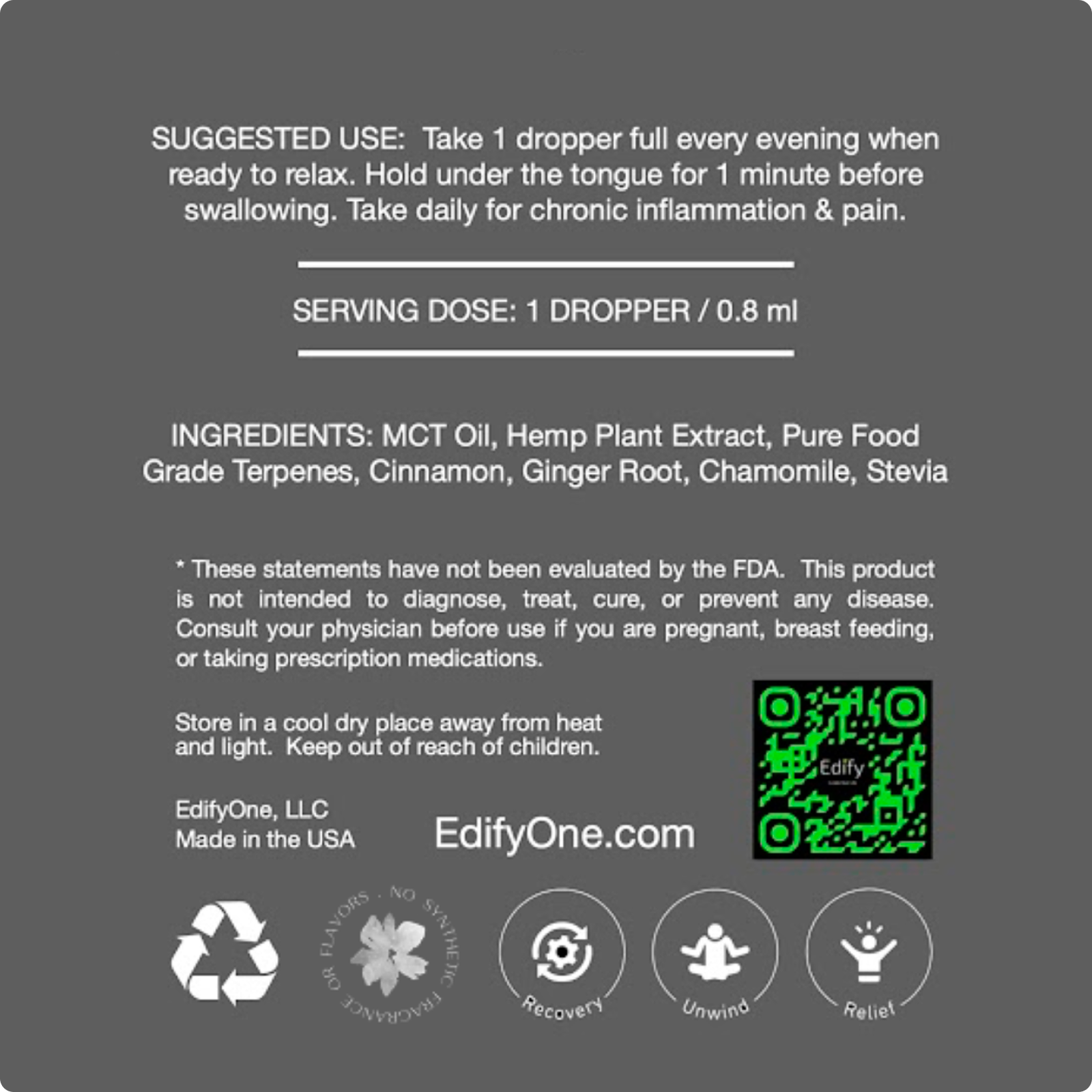 Edify Relieve CBD And CBG Tincture Supplement Facts Ingredients