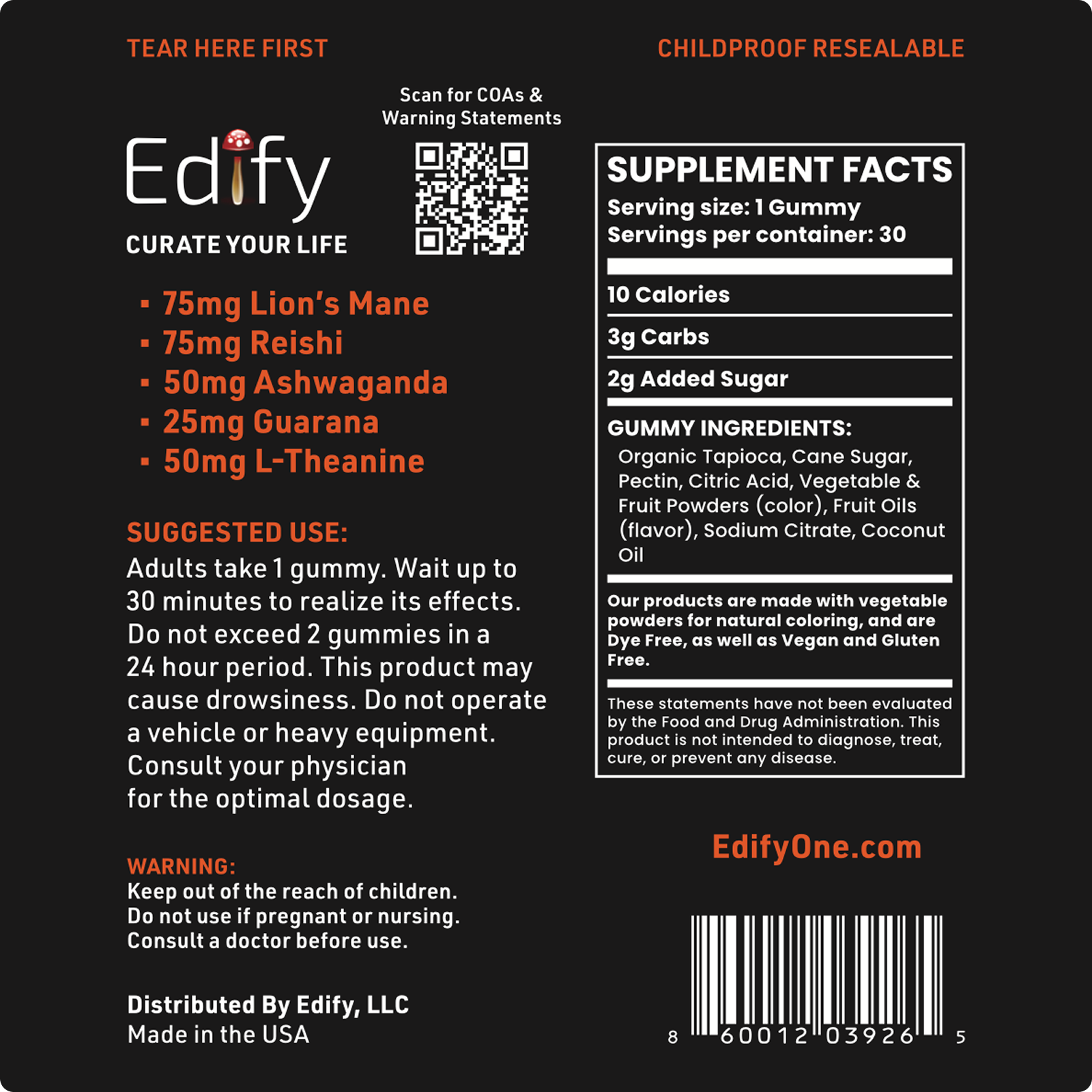 Edify Focus Wild Berry Gummies Supplement Facts And Ingredients