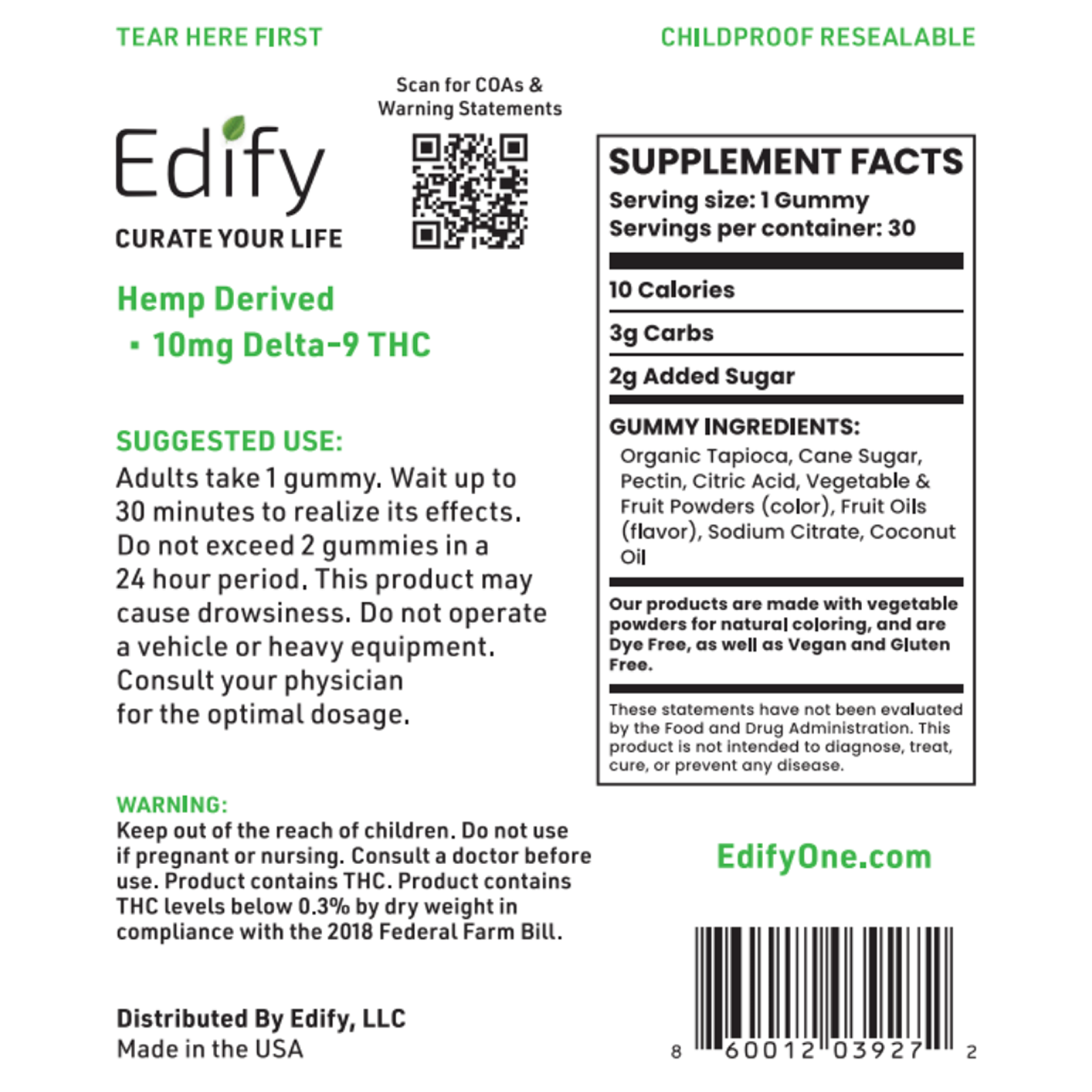 Edify Joy+ Green Apple Gummies Supplement Facts And Ingredients