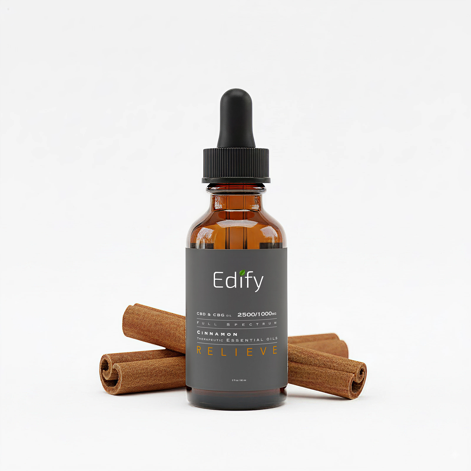 Edify Relieve CBD And CBG Tincture Full Spectrum 2500mg 1500mg Bottle With Cinnamon Flavor