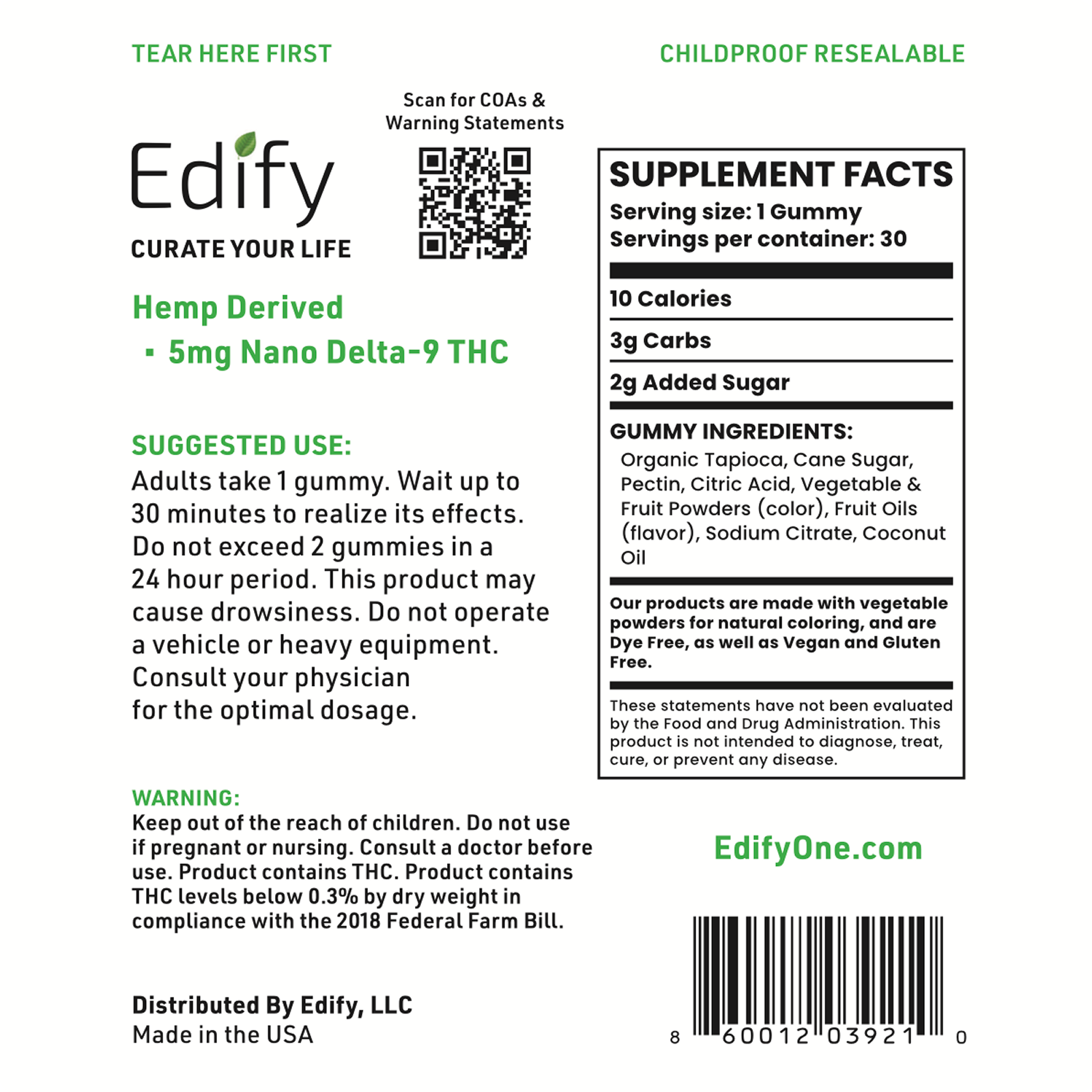 Edify Joy Hemp Gummies Back Of Package With Supplement Facts And Usage Instructions