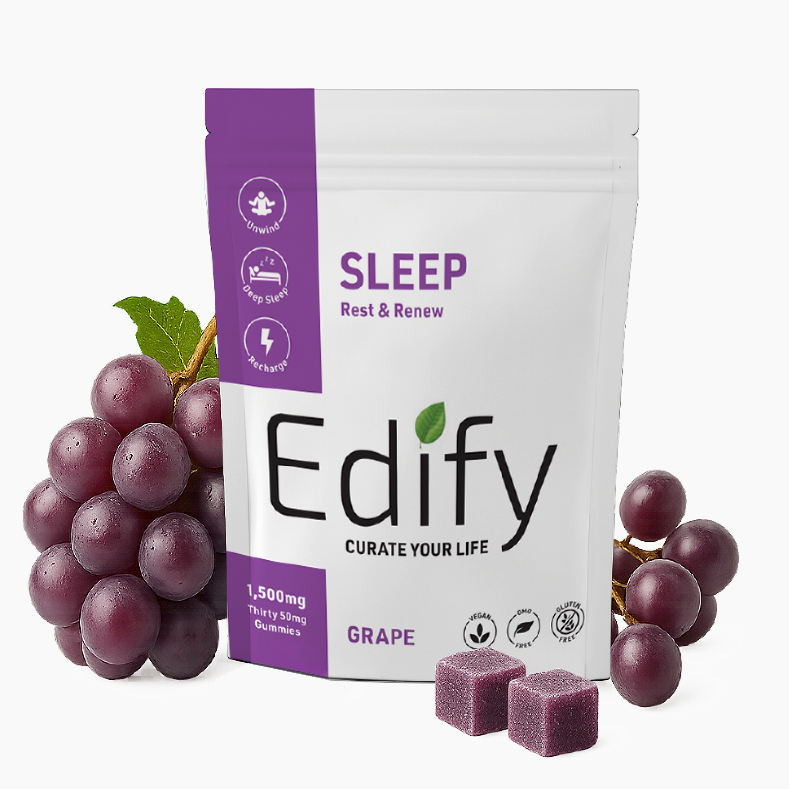 Edify Sleep Grape Gummies Pouch With Nootropic Hemp Derived Formula