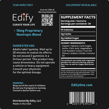 Supplement Facts And Ingredients For Edify Spirit Blue Raspberry Mood Booster Gummies