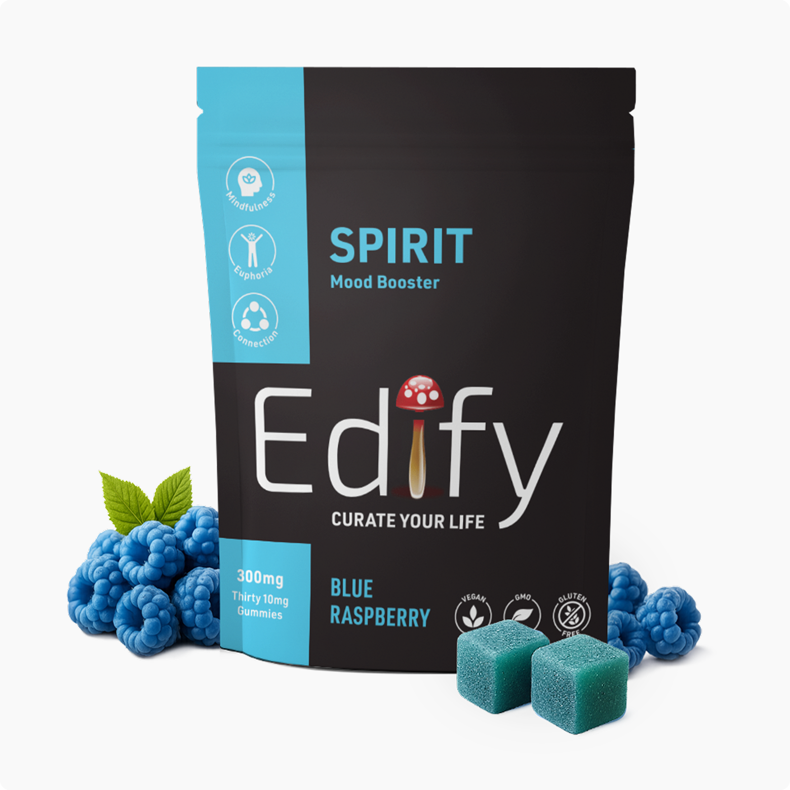 Edify Spirit Blue Raspberry Mood Booster Gummies Pouch With Nootropic Gummy Cubes